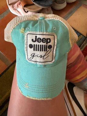 Jeep Aqua and Beige Distressed Trucker Hat